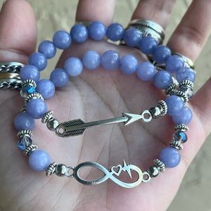 Bracelets set ! Blue angelite gemstones beads silver Arrow & infinity heartbeat